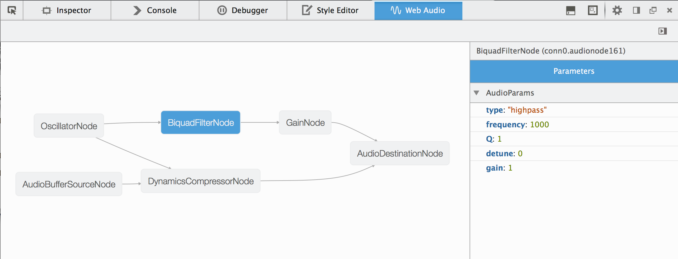 The Web Audio Editor displaying a graph of audio nodes, in a light theme.