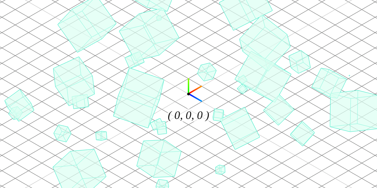 Cubes of various sizes and rotations