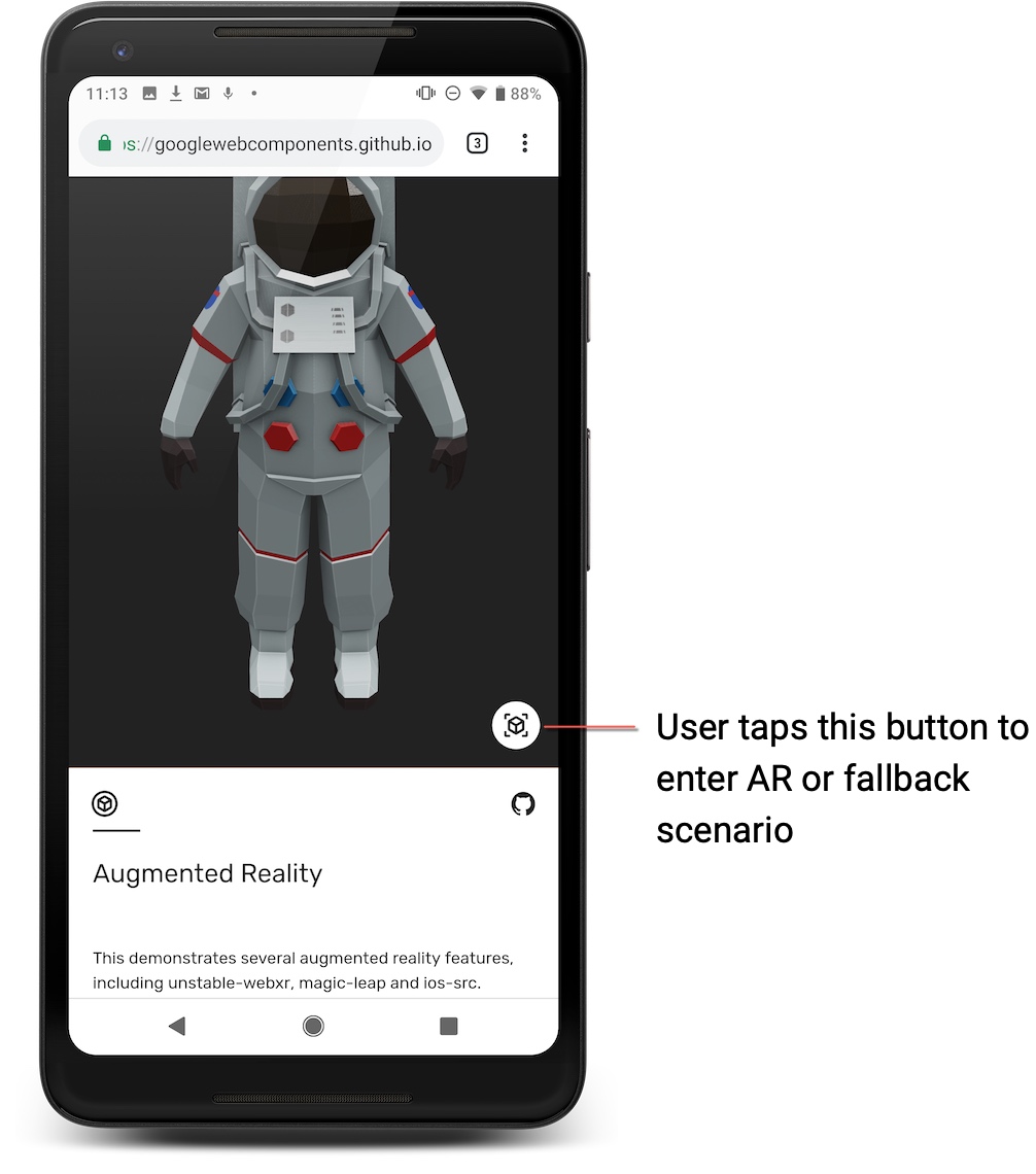 An astronaut being viewed in model-viewer on an Android device
