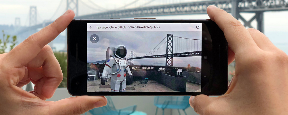 AR astronaut rendered on a balcony infront of the Bay Bridge